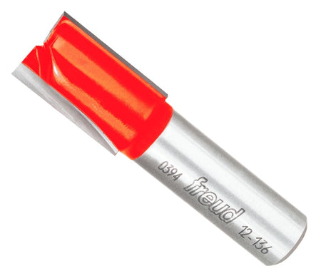 Freud 12-136 5/8 inch diameter double flute straight router bit with red Perma-SHIELD coating and 1/2 inch shank, showing laser etched Freud logo and part numbers, ideal for woodworking with CNC and hand-held or table routers to create precise cuts and dados.