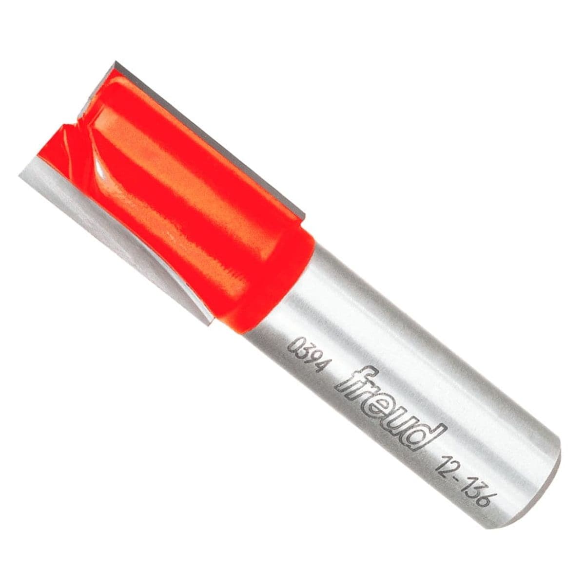 Freud 12-136 5/8 inch diameter double flute straight router bit with red Perma-SHIELD coating and 1/2 inch shank, showing laser etched Freud logo and part numbers, ideal for woodworking with CNC and hand-held or table routers to create precise cuts and dados.