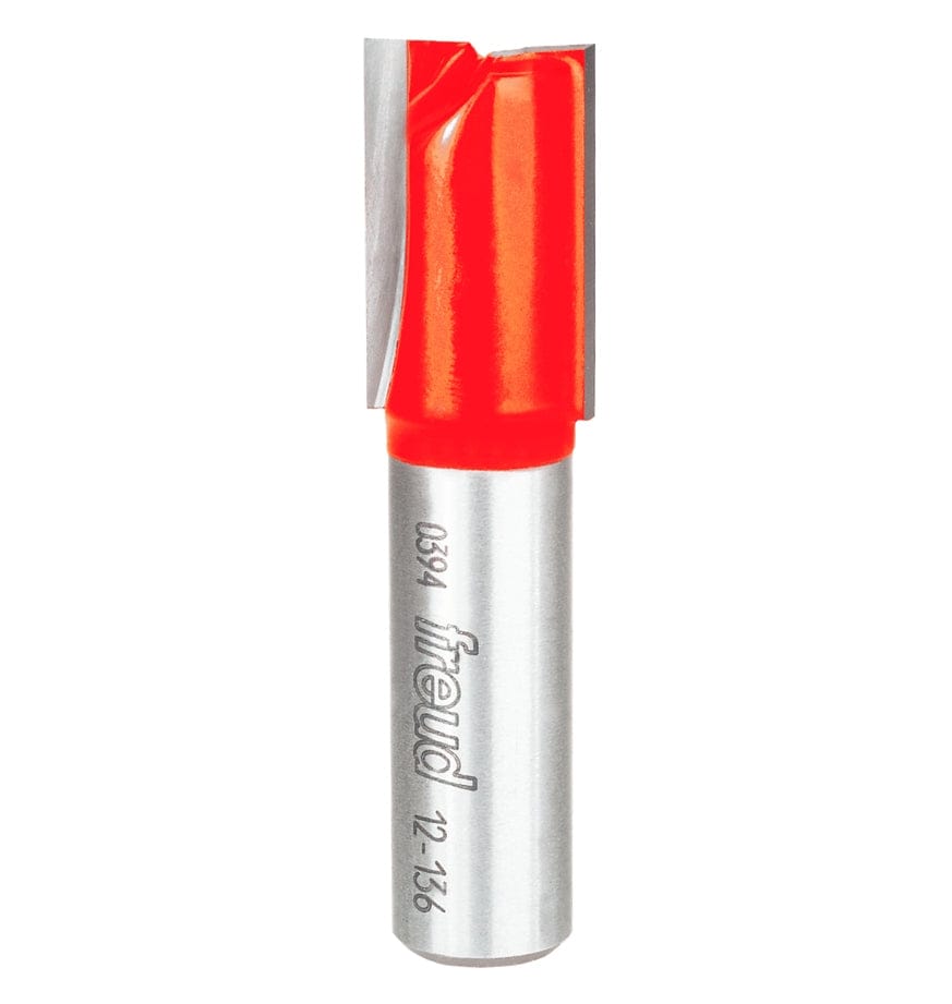 Upright view of the Freud 12-136 5/8 inch double flute straight router bit with red Perma-SHIELD coating and silver 1/2 inch shank, featuring laser etched Freud logo, item number, and RPM specs for precise woodworking cuts and dados.