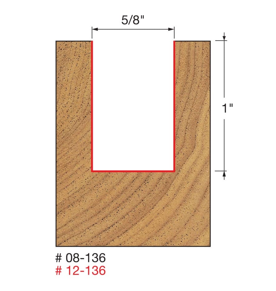 Technical blueprint illustration of the woodworking cut created by the Freud 12-136 router bit, showing a 5/8 inch wide by 1 inch deep groove (U-shaped) cut into a wood block with dimensions clearly marked for precise woodworking and dados.