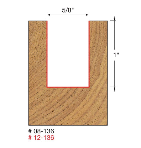 Technical blueprint illustration of the woodworking cut created by the Freud 12-136 router bit, showing a 5/8 inch wide by 1 inch deep groove (U-shaped) cut into a wood block with dimensions clearly marked for precise woodworking and dados.