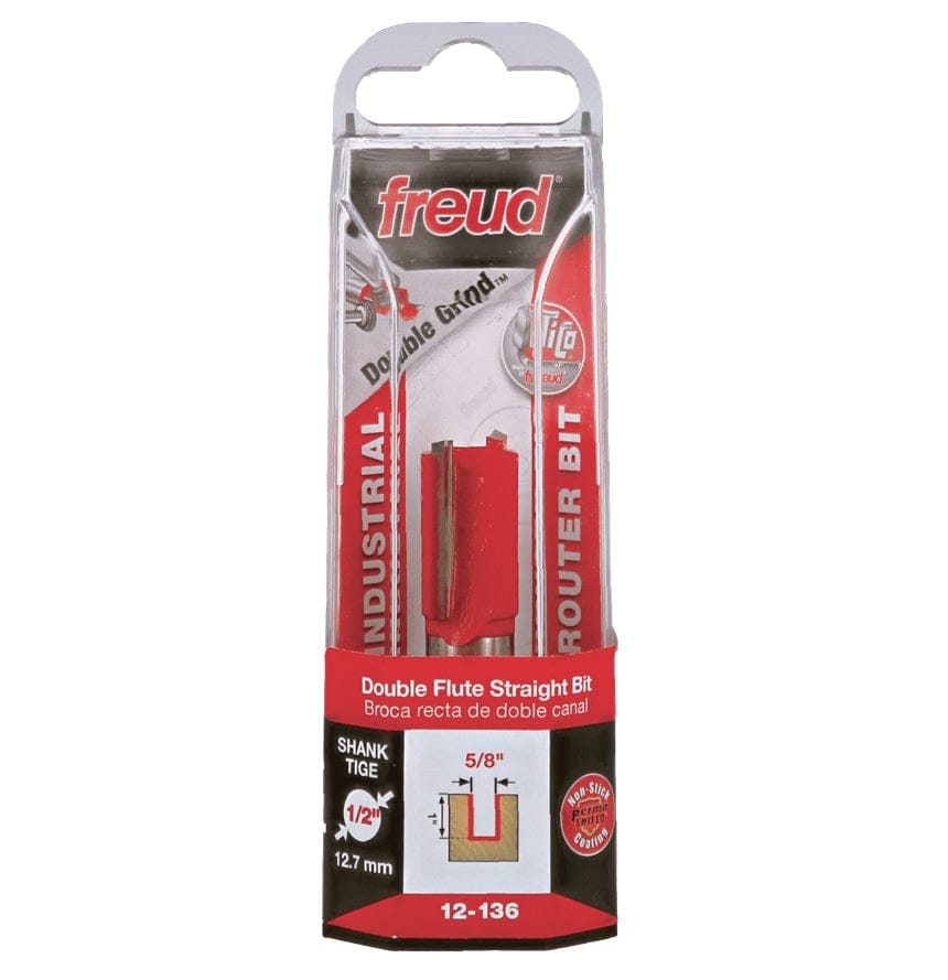 Freud 12-136 5/8 inch Double Flute Straight Router Bit in original retail hanging packaging with clear plastic, featuring red and black branding, "INDUSTRIAL ROUTER BIT", a cross-section icon showing the 5/8 inch cut, 1/2 inch (12.7 mm) shank size, "Non-Stick Perma-SHIELD Coating" seal, and part number.