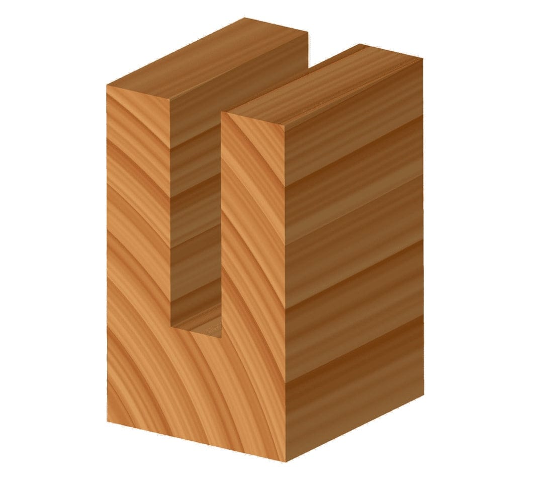 Three-dimensional isometric perspective of a wood block featuring a precise 5/8 inch wide groove or dado cut through the center, demonstrating the clean and accurate woodworking results achieved using the Freud 12-136 5/8 inch double flute straight router bit.