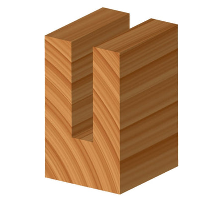 Three-dimensional isometric perspective of a wood block featuring a precise 5/8 inch wide groove or dado cut through the center, demonstrating the clean and accurate woodworking results achieved using the Freud 12-136 5/8 inch double flute straight router bit.
