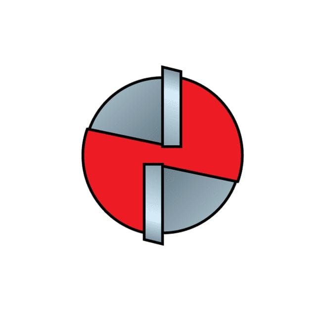 Technical end-on cross-section graphic of the cutting geometry of the Freud 12-136 double flute straight router bit, showing the two precise silver carbide cutting edges and the red Perma-SHIELD coated body designed for clean cuts in woodworking.