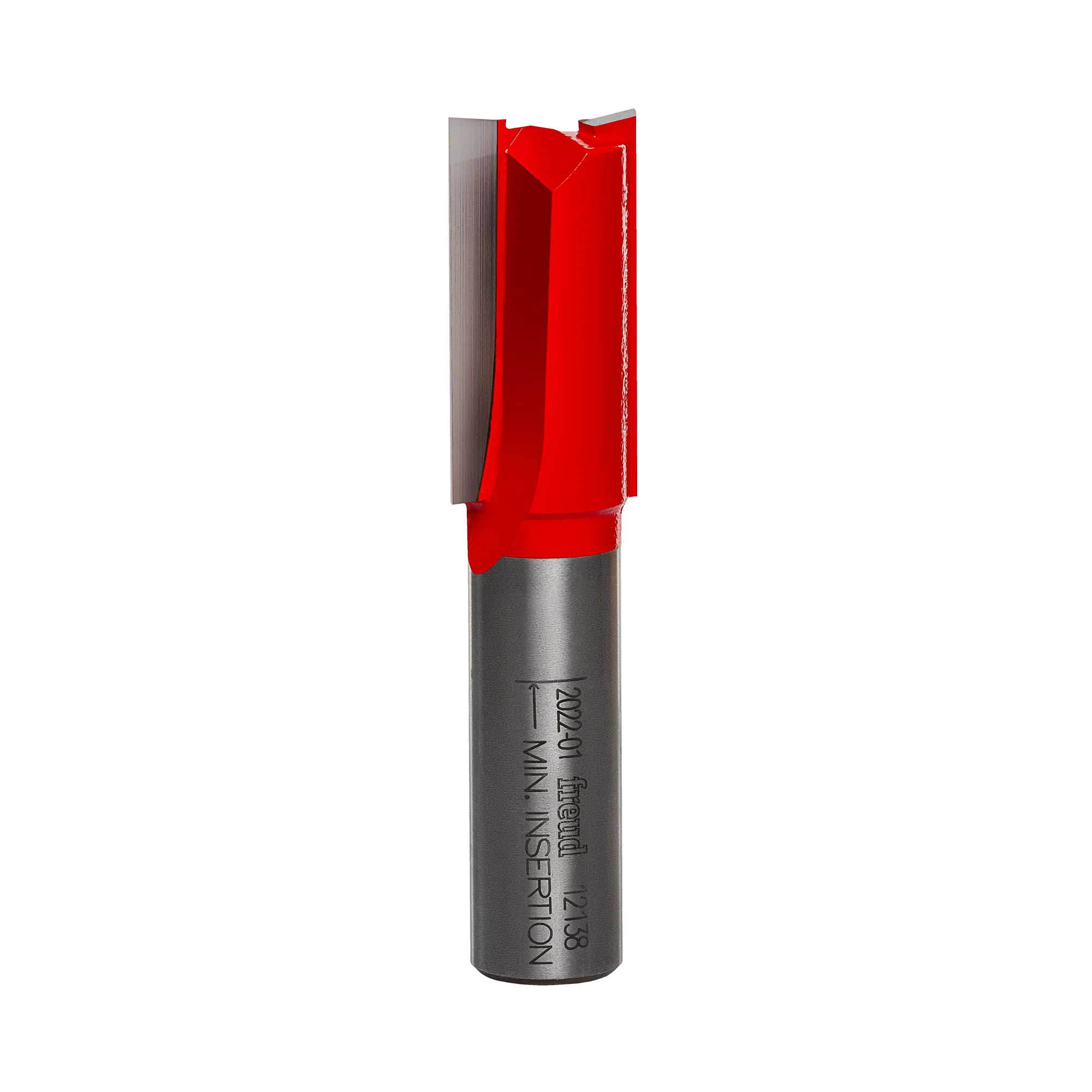 Studio product shot of the Freud 12-138 double flute straight router bit, featuring a 1/2-inch silver shank and a red Perma-SHIELD coated cutter head with a 5/8 inch diameter.