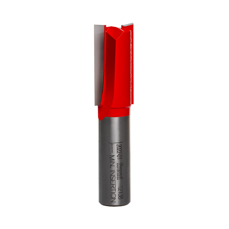 Studio product shot of the Freud 12-138 double flute straight router bit, featuring a 1/2-inch silver shank and a red Perma-SHIELD coated cutter head with a 5/8 inch diameter.