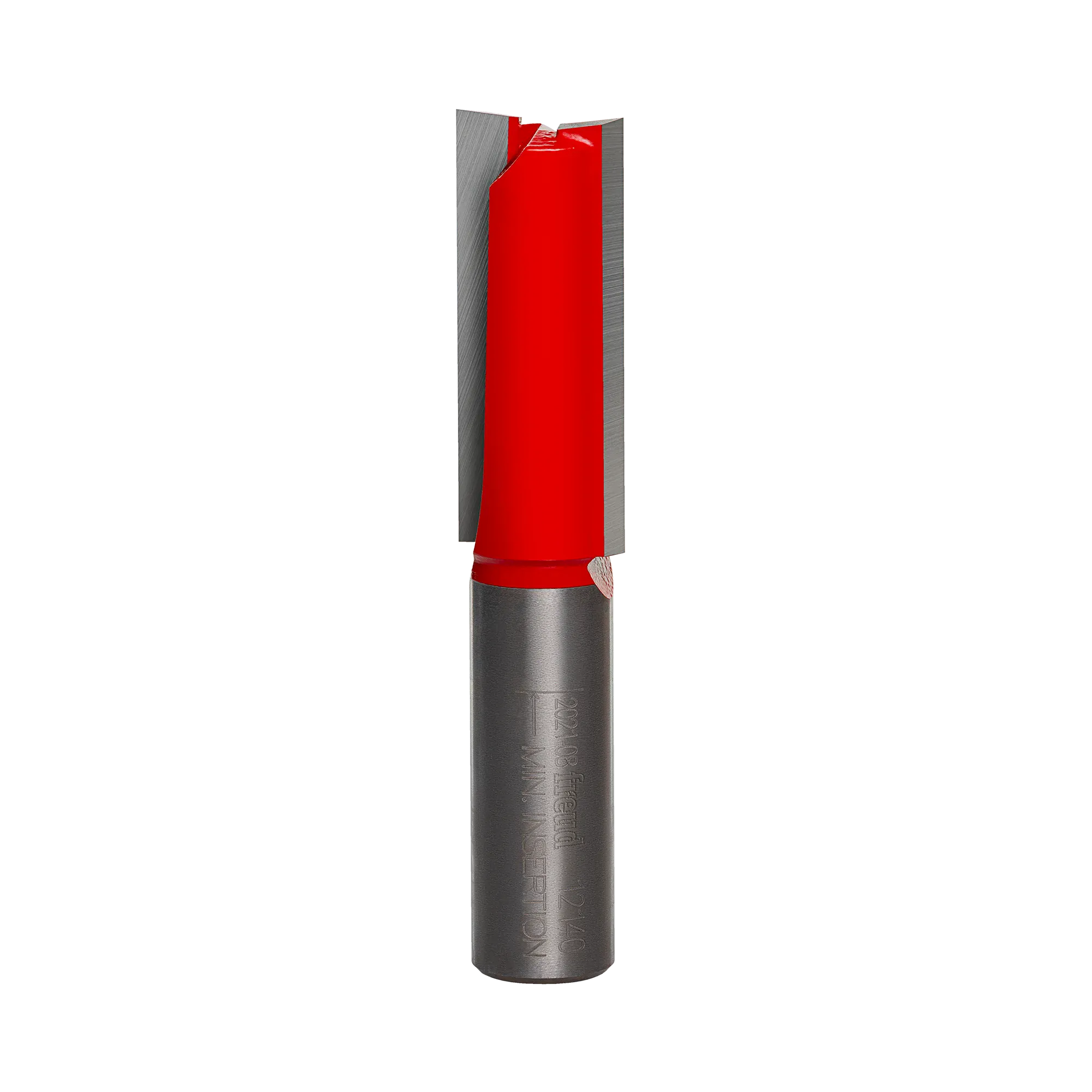 Studio product shot of the Freud 12-140 double flute straight router bit, featuring a thick 1/2-inch silver shank and a long red Perma-SHIELD coated cutter body designed for deep mortising.