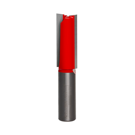 Studio product shot of the Freud 12-140 double flute straight router bit, featuring a thick 1/2-inch silver shank and a long red Perma-SHIELD coated cutter body designed for deep mortising.