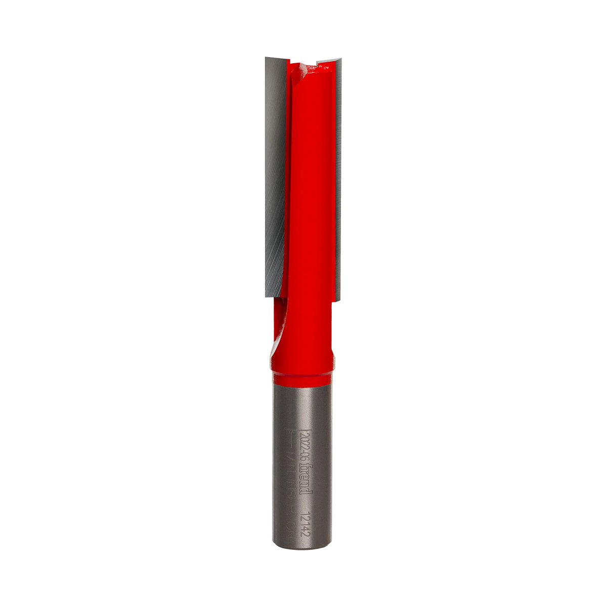 Studio product shot of the Freud 12-142 extra-long straight router bit, featuring a 1/2 inch silver shank and a long red Perma-SHIELD coated cutter body with a 2 inch cutting length.