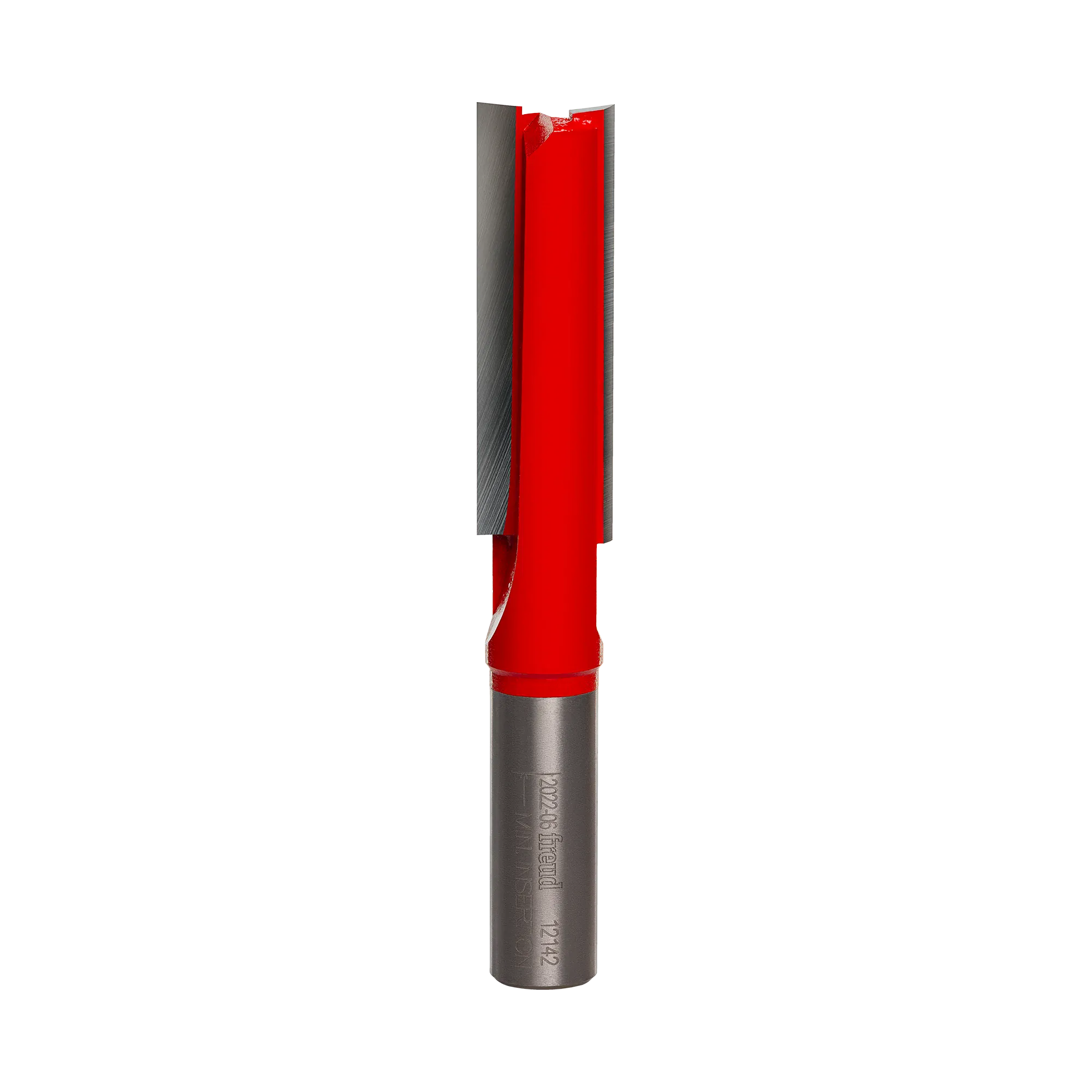 Studio product shot of the Freud 12-142 extra-long straight router bit, featuring a 1/2 inch silver shank and a long red Perma-SHIELD coated cutter body with a 2 inch cutting length.