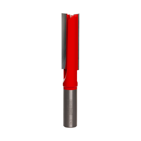 Studio product shot of the Freud 12-142 extra-long straight router bit, featuring a 1/2 inch silver shank and a long red Perma-SHIELD coated cutter body with a 2 inch cutting length.