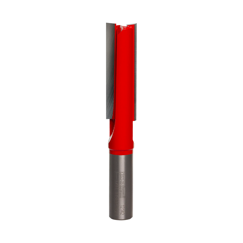 Studio product shot of the Freud 12-142 extra-long straight router bit, featuring a 1/2 inch silver shank and a long red Perma-SHIELD coated cutter body with a 2 inch cutting length.