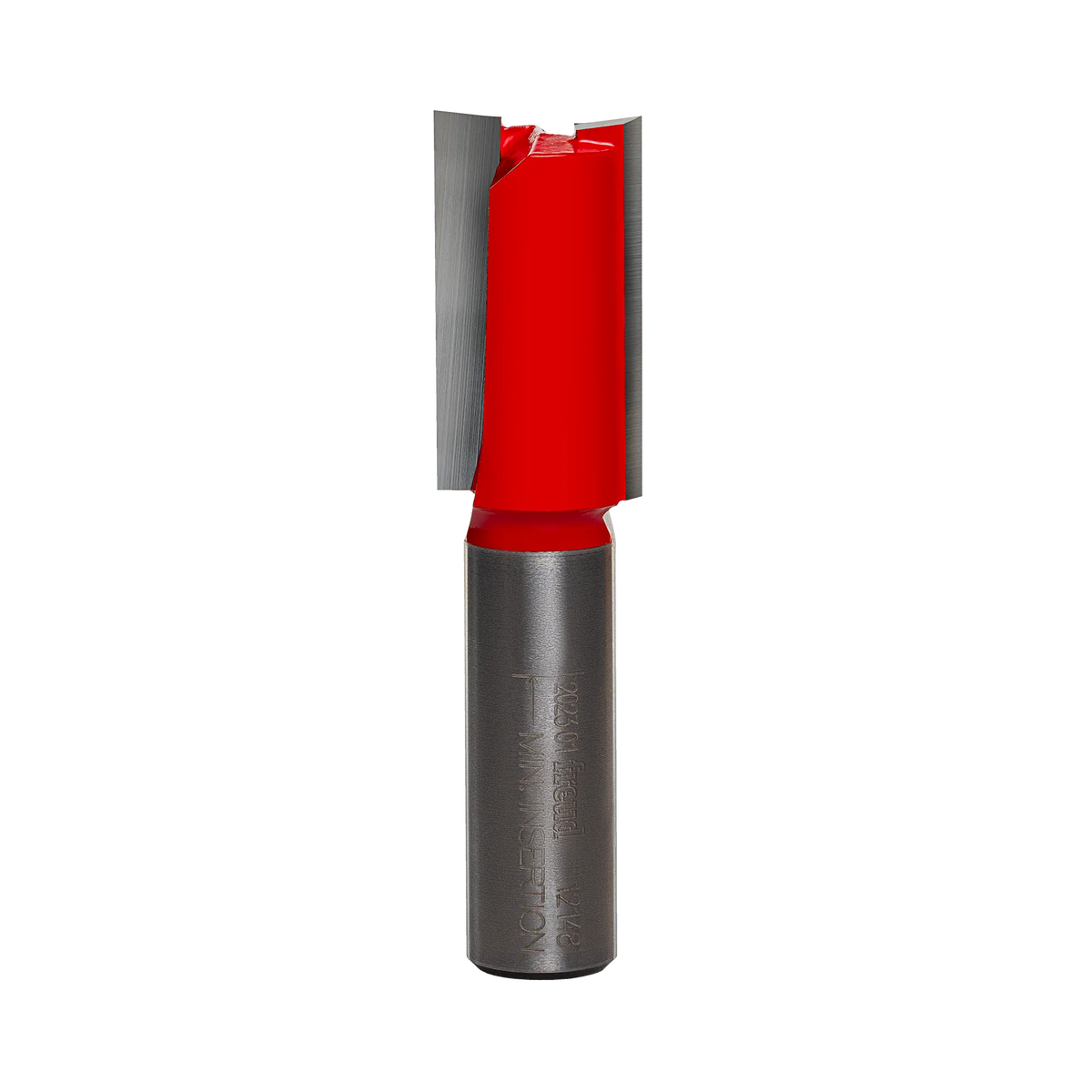 Studio product shot of the Freud 12-148 double flute straight router bit, featuring a 1/2-inch silver shank and a red Perma-SHIELD coated cutter head with an 11/16 inch cutting diameter.