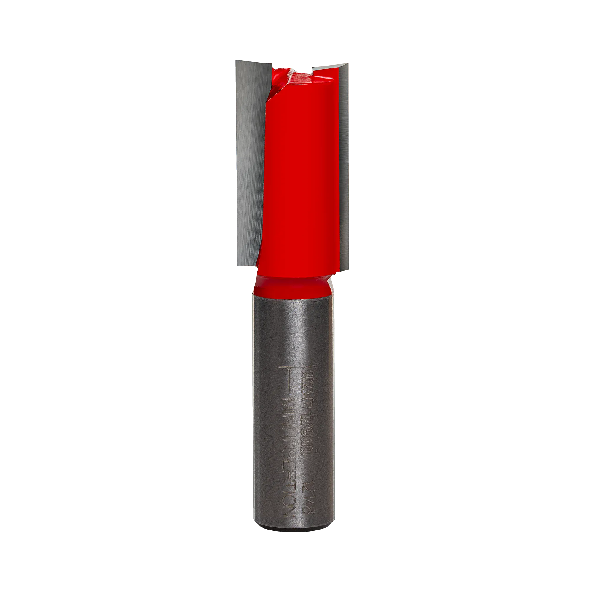 Studio product shot of the Freud 12-148 double flute straight router bit, featuring a 1/2-inch silver shank and a red Perma-SHIELD coated cutter head with an 11/16 inch cutting diameter.