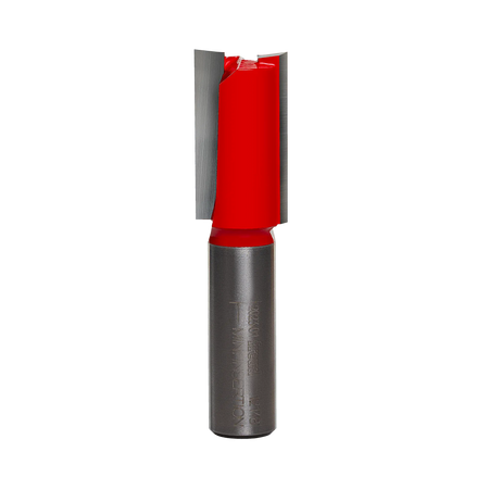 Studio product shot of the Freud 12-148 double flute straight router bit, featuring a 1/2-inch silver shank and a red Perma-SHIELD coated cutter head with an 11/16 inch cutting diameter.
