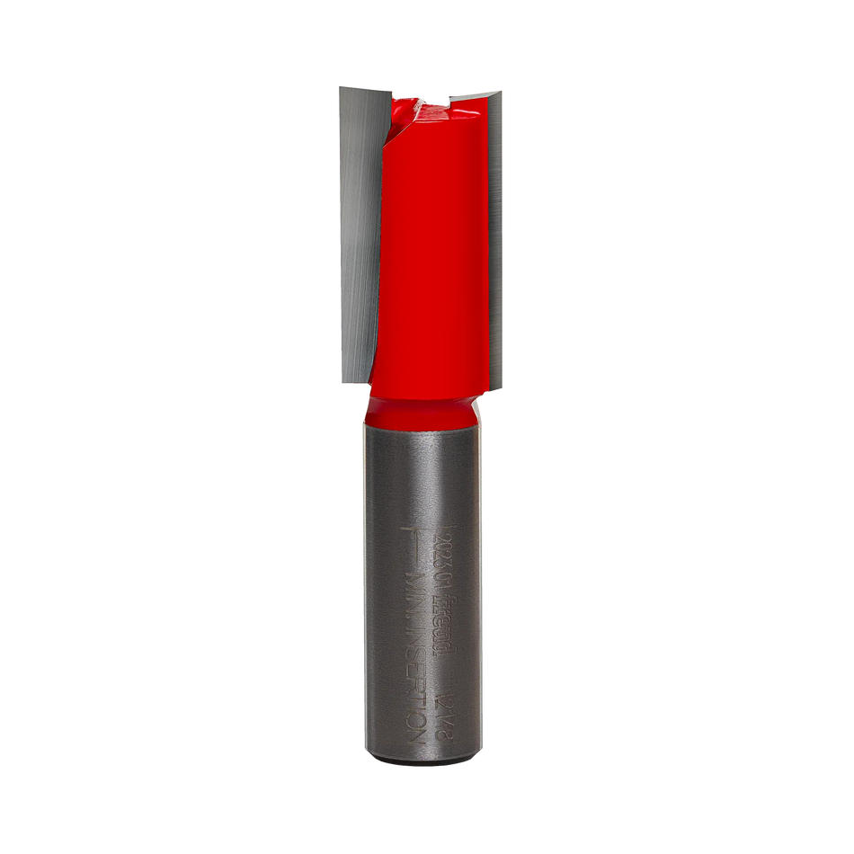 Studio product shot of the Freud 12-148 double flute straight router bit, featuring a 1/2-inch silver shank and a red Perma-SHIELD coated cutter head with an 11/16 inch cutting diameter.