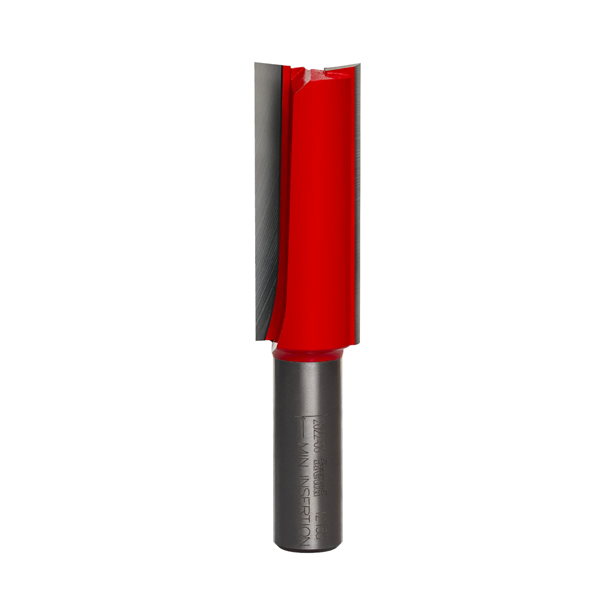 A studio product view of the Freud 12-158 double flute straight router bit, featuring a long red cutting head with sharp silver carbide edges and a polished 1/2-inch steel shank.