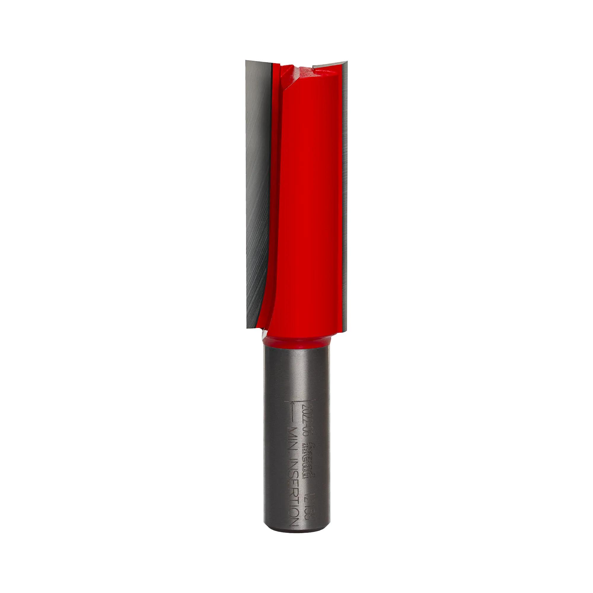 A studio product view of the Freud 12-158 double flute straight router bit, featuring a long red cutting head with sharp silver carbide edges and a polished 1/2-inch steel shank.
