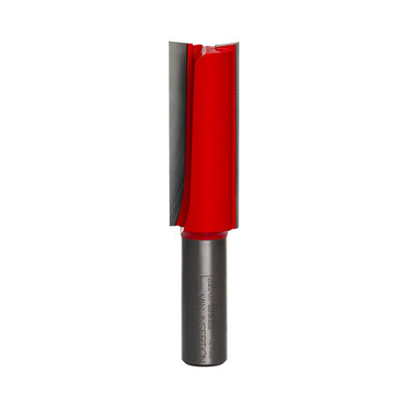 A studio product view of the Freud 12-158 double flute straight router bit, featuring a long red cutting head with sharp silver carbide edges and a polished 1/2-inch steel shank.