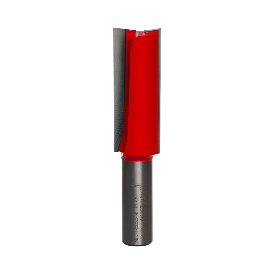 A studio product view of the Freud 12-158 double flute straight router bit, featuring a long red cutting head with sharp silver carbide edges and a polished 1/2-inch steel shank.