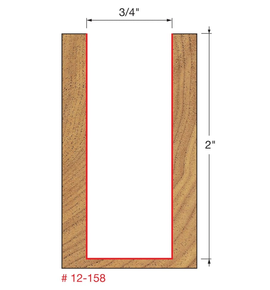 A technical diagram illustrating the cutting profile of the Freud 12-158 bit, showing a cross-section of wood with a straight cut that is 3/4 of an inch wide and 2 inches deep.