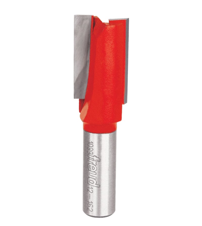 A studio product view of the Freud 12-162 double flute straight router bit, featuring a red cutting head with sharp silver carbide edges and a polished steel shank.