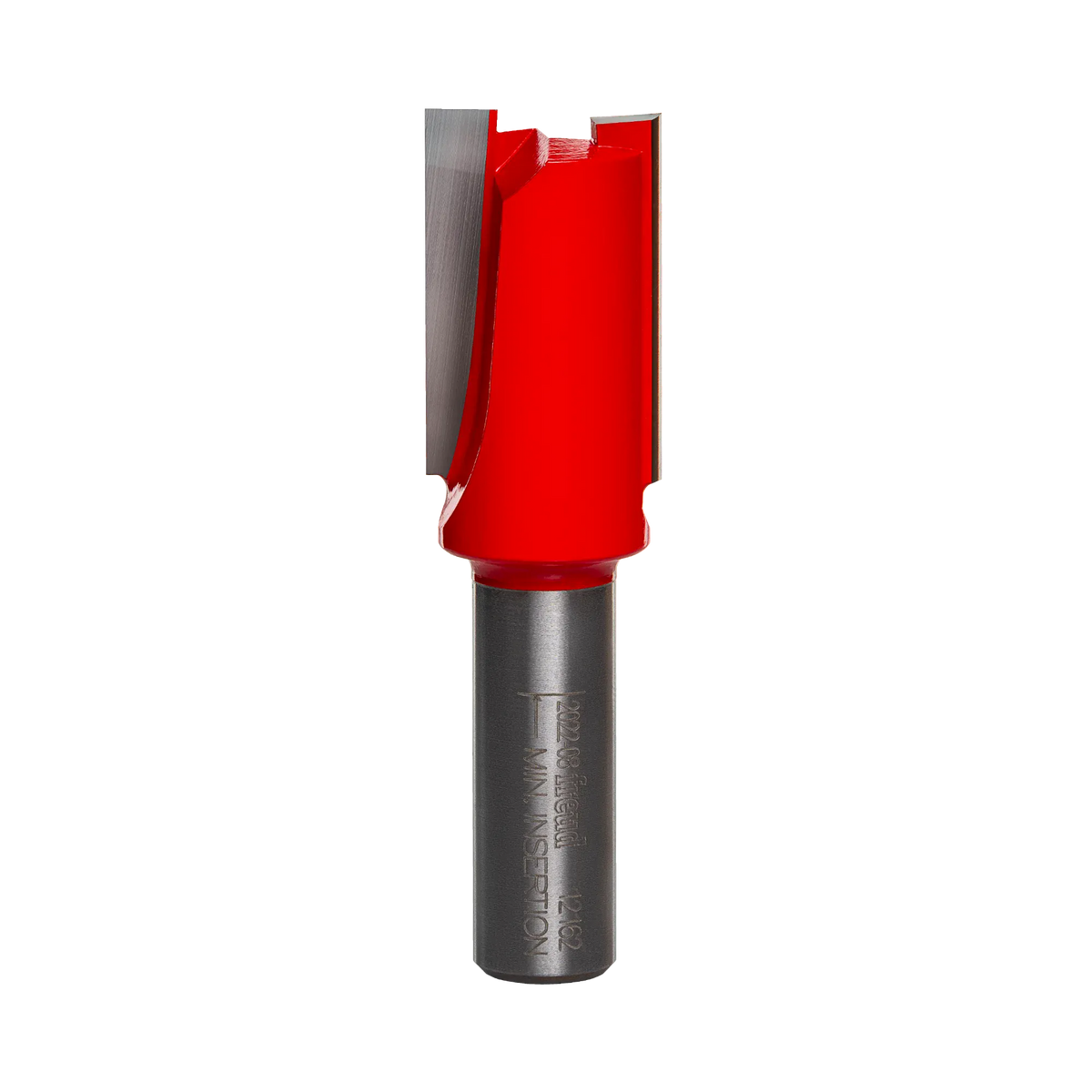 A studio product view of the Freud 12-162 double flute straight router bit, featuring a red cutting head with sharp silver carbide edges and a polished steel shank.