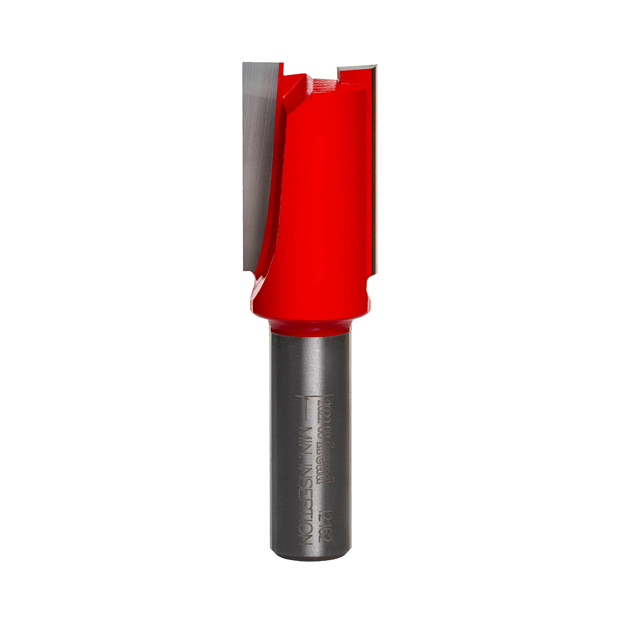 A studio product view of the Freud 12-162 double flute straight router bit, featuring a red cutting head with sharp silver carbide edges and a polished steel shank.