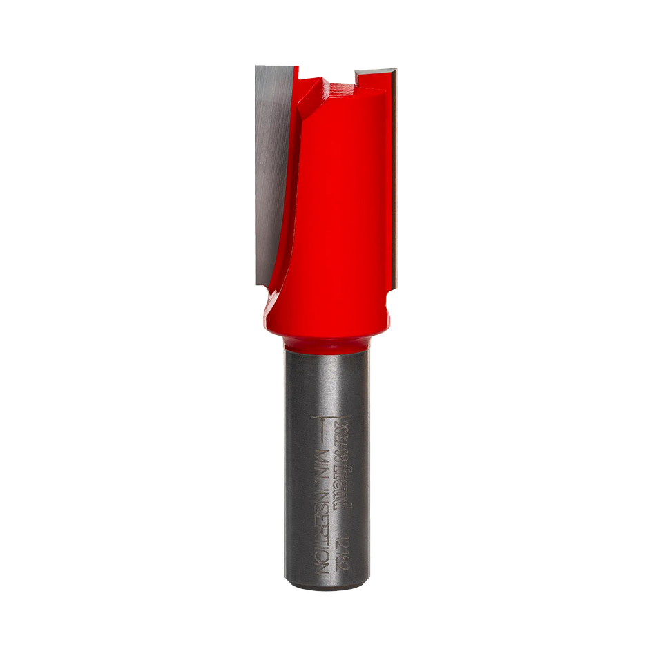 A studio product view of the Freud 12-162 double flute straight router bit, featuring a red cutting head with sharp silver carbide edges and a polished steel shank.
