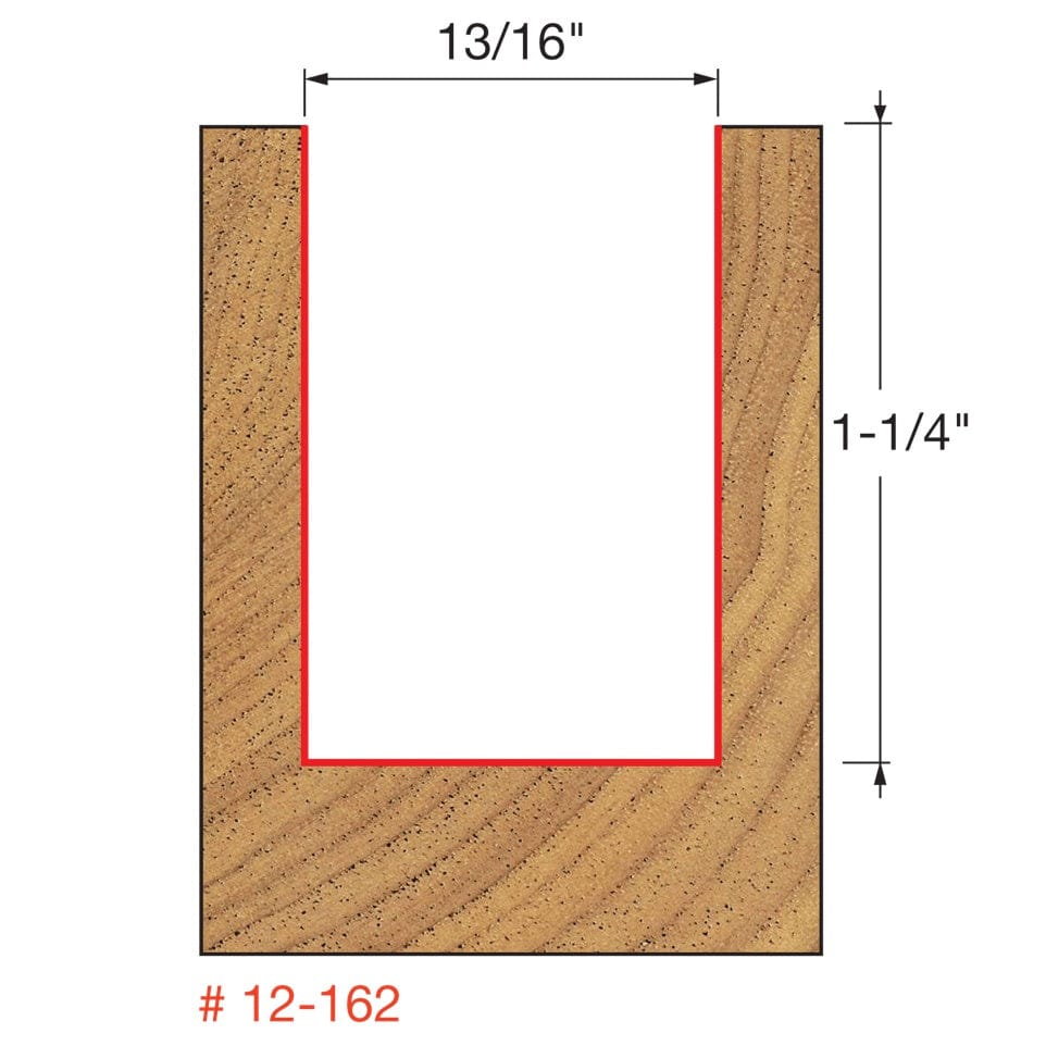 A technical diagram illustrating the cutting profile of the Freud 12-162 bit, showing a cross-section of wood with a straight cut that is 13/16 of an inch wide and 1-1/4 inches deep.