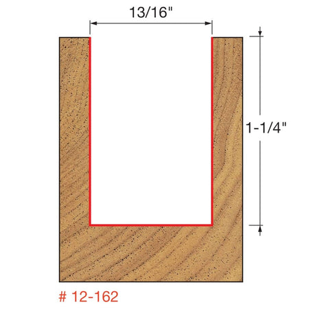 A technical diagram illustrating the cutting profile of the Freud 12-162 bit, showing a cross-section of wood with a straight cut that is 13/16 of an inch wide and 1-1/4 inches deep.