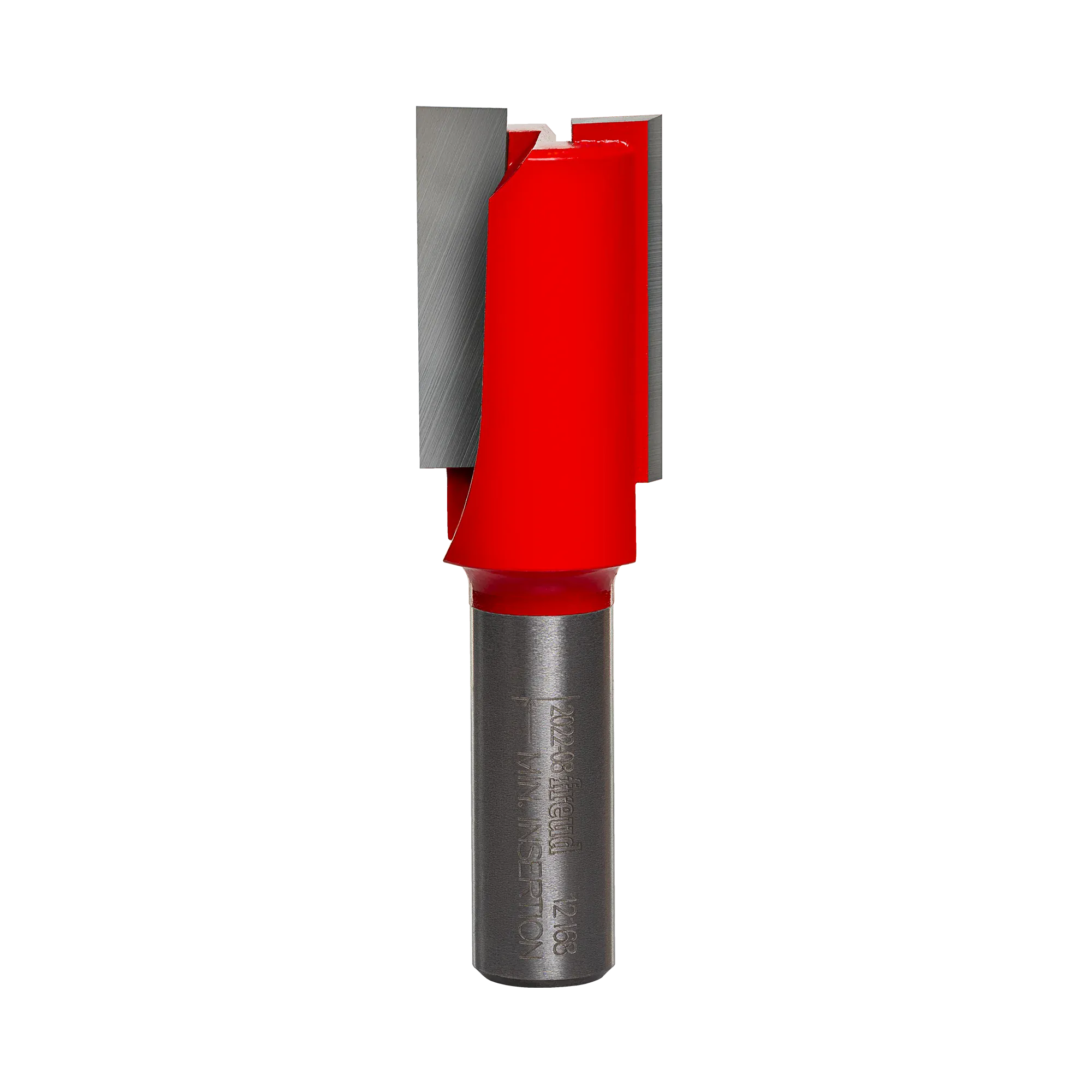 Studio product shot of the Freud 12-168 double flute straight router bit, featuring a substantial 1/2-inch silver shank and a wide red Perma-SHIELD coated cutter head.