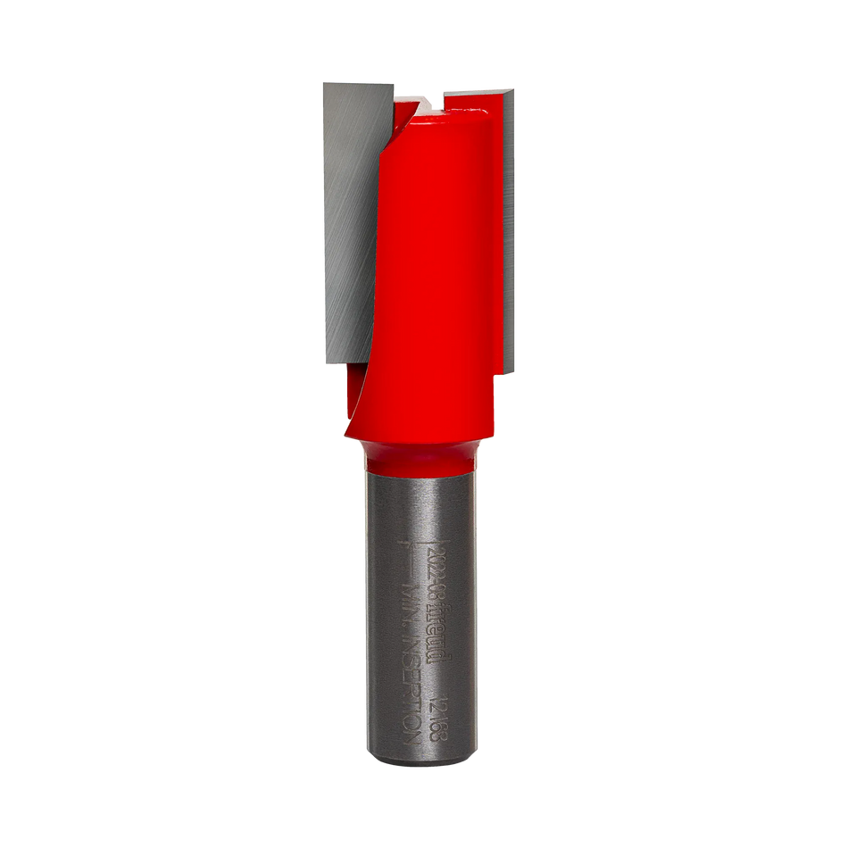 Studio product shot of the Freud 12-168 double flute straight router bit, featuring a substantial 1/2-inch silver shank and a wide red Perma-SHIELD coated cutter head.