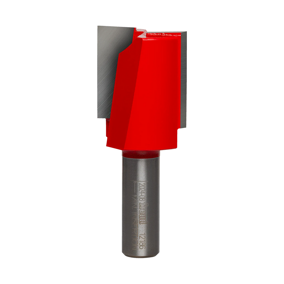 Studio product shot of the Freud 12-186 double flute straight router bit, featuring a thick 1/2-inch silver shank and a wide red Perma-SHIELD coated cutter head with large carbide flutes.
