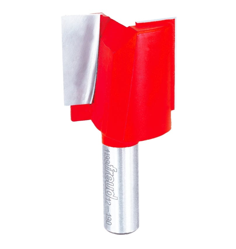 Studio product photograph of the Freud 12-190 double flute straight router bit, featuring a thick 1/2-inch silver shank and a wide, red Perma-SHIELD coated cutter head designed for heavy stock removal.
