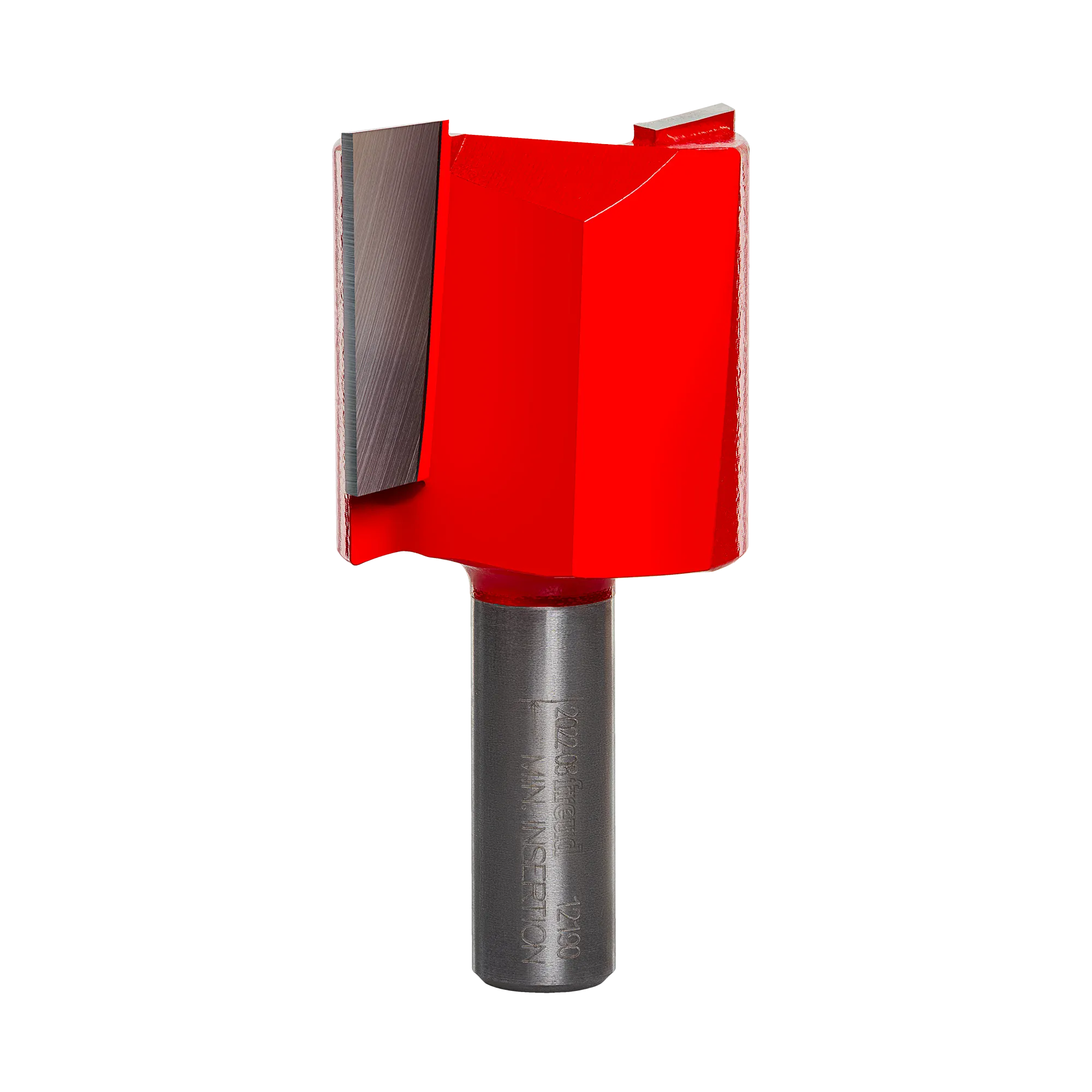Studio product photograph of the Freud 12-190 double flute straight router bit, featuring a thick 1/2-inch silver shank and a wide, red Perma-SHIELD coated cutter head designed for heavy stock removal.