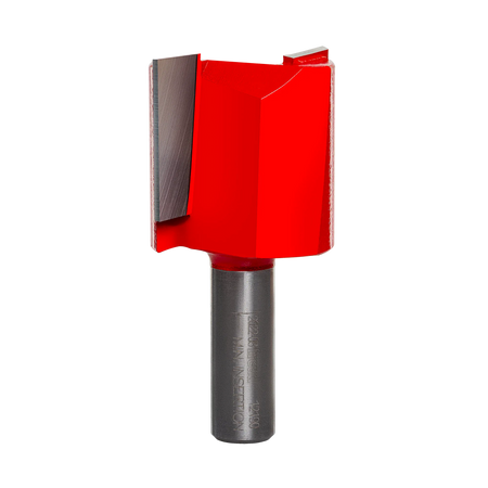 Studio product photograph of the Freud 12-190 double flute straight router bit, featuring a thick 1/2-inch silver shank and a wide, red Perma-SHIELD coated cutter head designed for heavy stock removal.