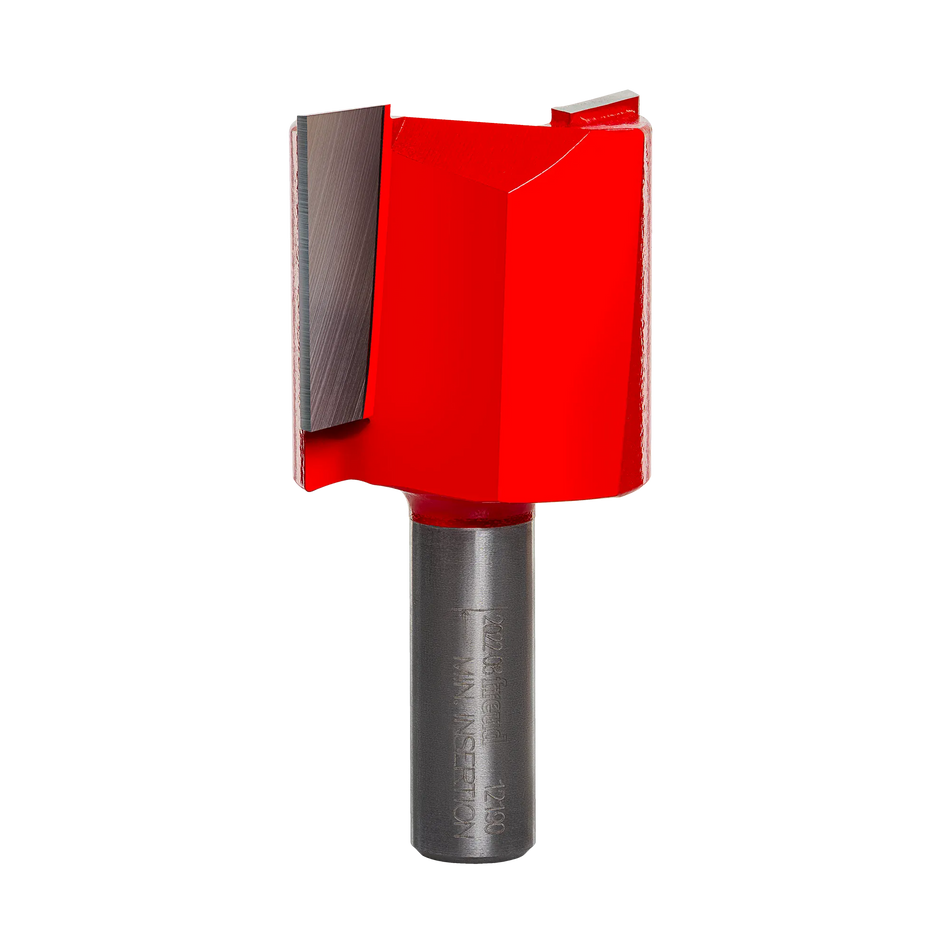 Studio product photograph of the Freud 12-190 double flute straight router bit, featuring a thick 1/2-inch silver shank and a wide, red Perma-SHIELD coated cutter head designed for heavy stock removal.