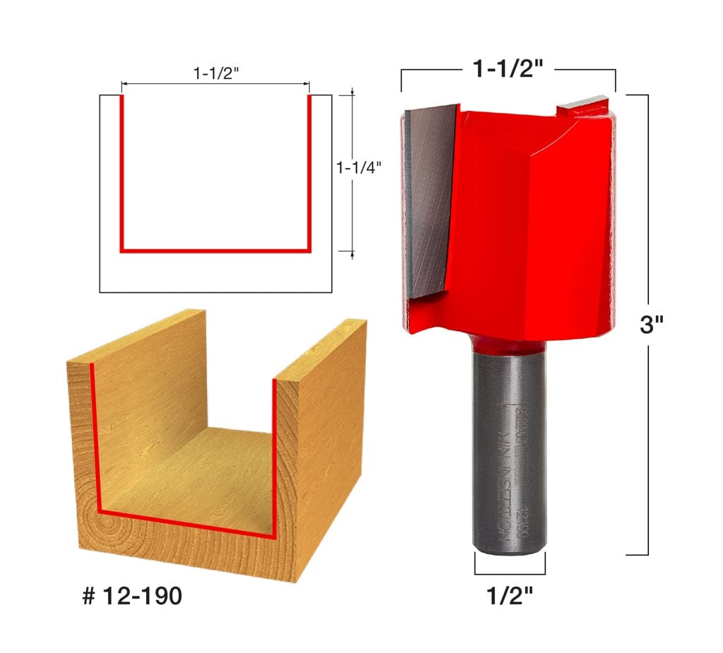 Technical diagram specifying the dimensions of the Freud 12-190 bit: 1/2 inch shank diameter, a wide 1-1/2 inch cutting diameter, and a 1-1/4 inch carbide cutting height.