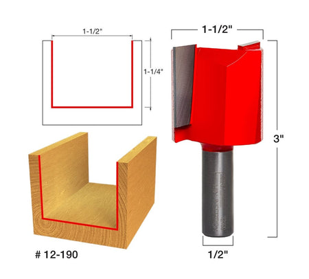 Technical diagram specifying the dimensions of the Freud 12-190 bit: 1/2 inch shank diameter, a wide 1-1/2 inch cutting diameter, and a 1-1/4 inch carbide cutting height.