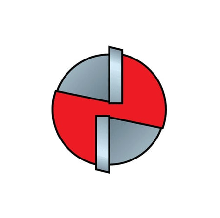 Top-down profile diagram of the router bit showing the large circular cutting path and the arrangement of the two carbide cutting flutes with relieved tips for plunge cutting.