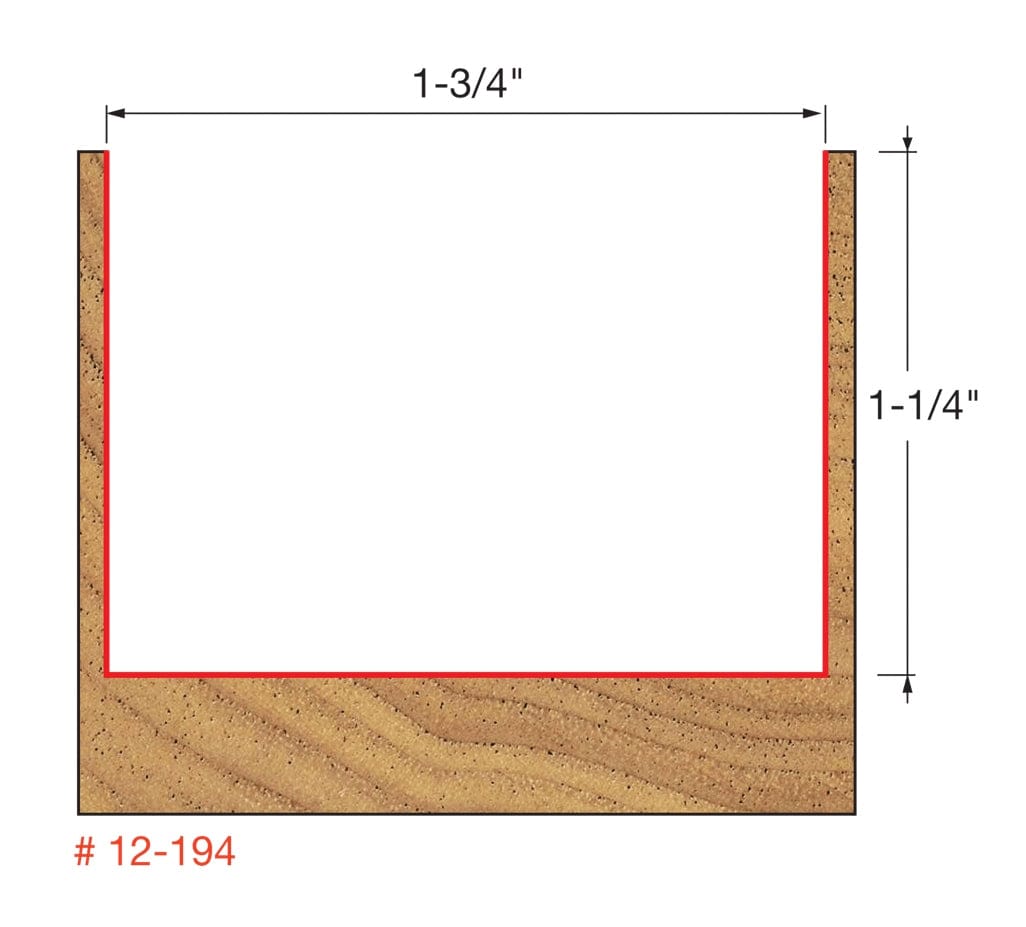 Technical diagram for the Freud 12-194 straight bit illustrating a 1-3/4 inch cutting diameter and a 1-1/4 inch carbide height for grooving applications.