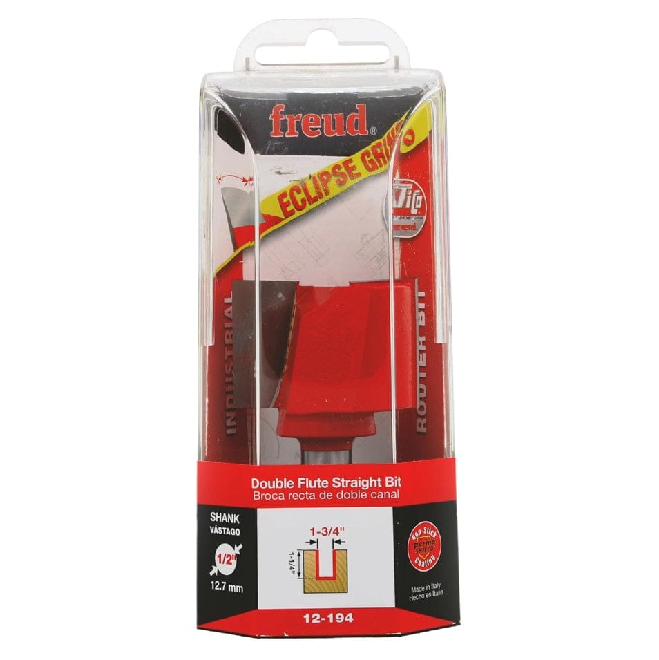 Freud 12-194 industrial double flute straight bit in its original red and black retail packaging, highlighting the 1/2 inch shank and 1-3/4 inch diameter.