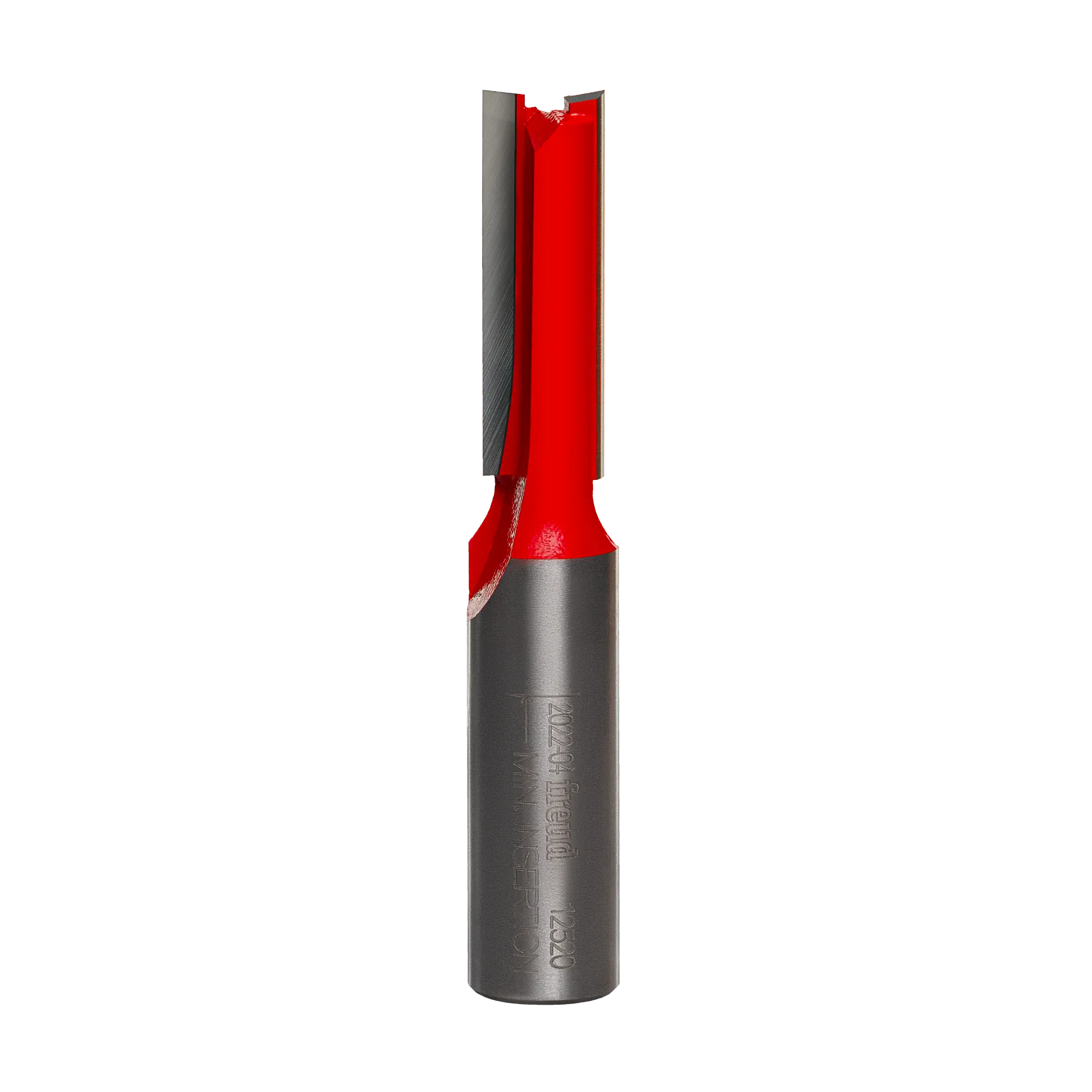 Studio product shot of the Freud 12-520 double flute straight router bit, featuring a silver 1/2-inch shank and a red Perma-SHIELD coated cutter head.