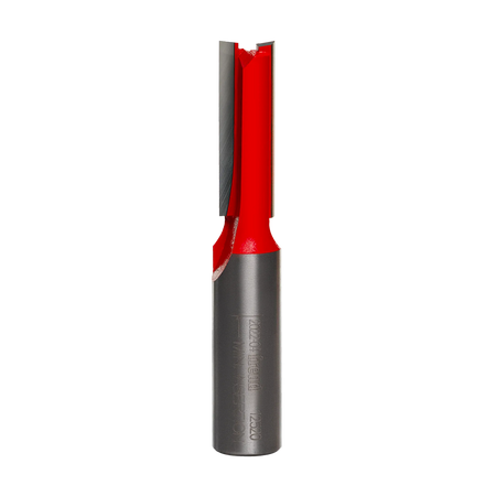 Studio product shot of the Freud 12-520 double flute straight router bit, featuring a silver 1/2-inch shank and a red Perma-SHIELD coated cutter head.