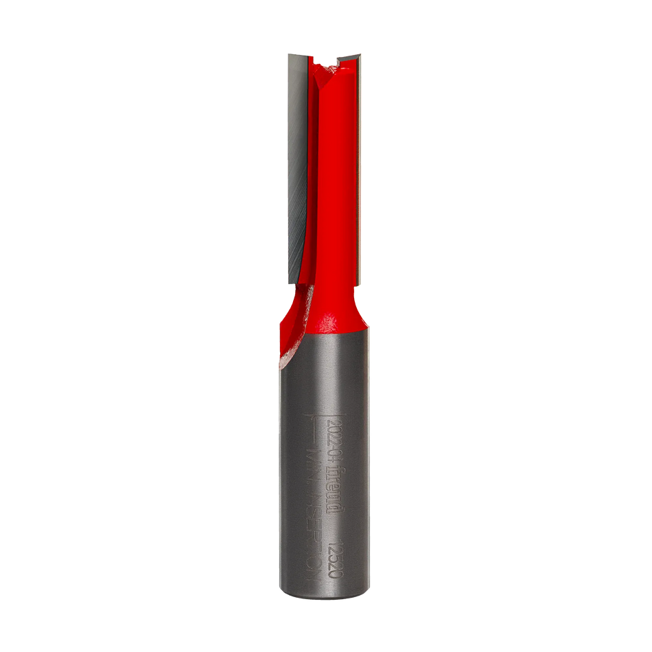 Studio product shot of the Freud 12-520 double flute straight router bit, featuring a silver 1/2-inch shank and a red Perma-SHIELD coated cutter head.
