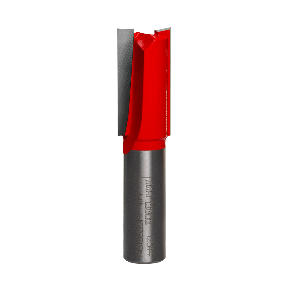 A studio product shot of the Freud 12-544 double flute straight router bit, featuring red-coated cutters and a 1/2-inch polished steel shank.