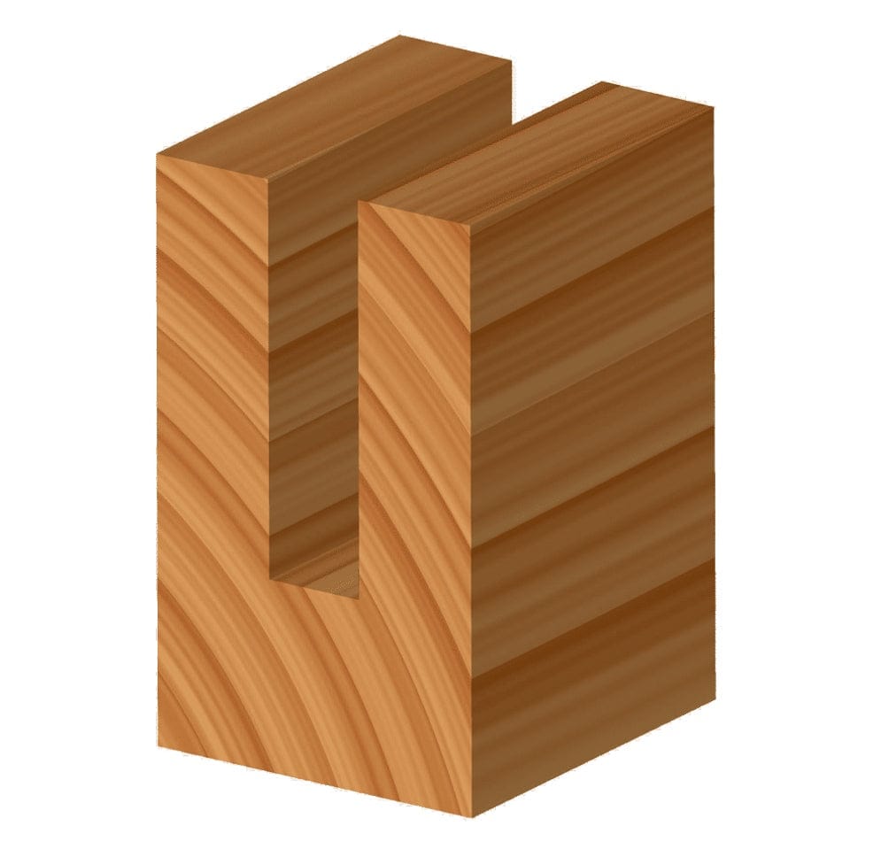 A 3D illustration of a wooden block featuring a clean, deep U-shaped groove routed into the center of the grain.