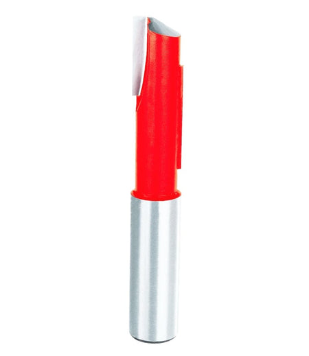 A high-resolution studio photograph of the Freud 14-104 stagger flute router bit, showcasing its bright red body, offset silver carbide cutting edges, and a polished 1/2-inch steel shank.